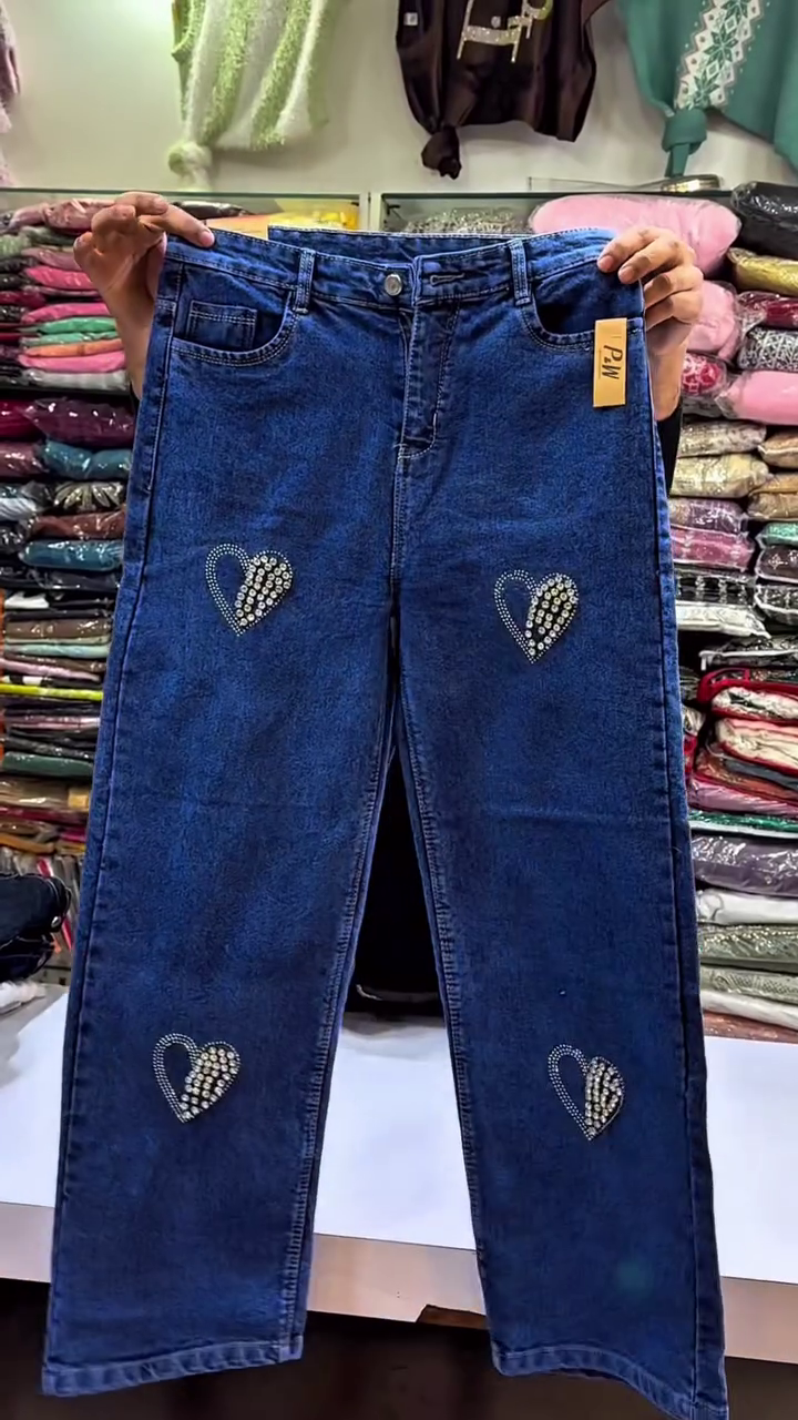 Stylish Blue Denim Jeans with Heart Stone Work – Trendy Women’s Casual Wear