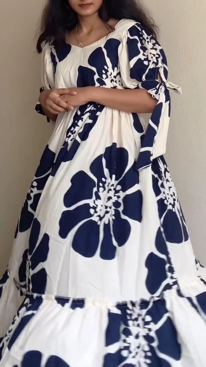 White & Navy Floral Tiered Midi Dress