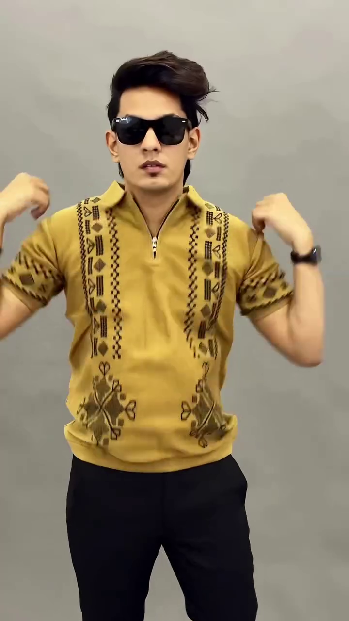 Black Tribal Embroidered Zip Polo Shirt