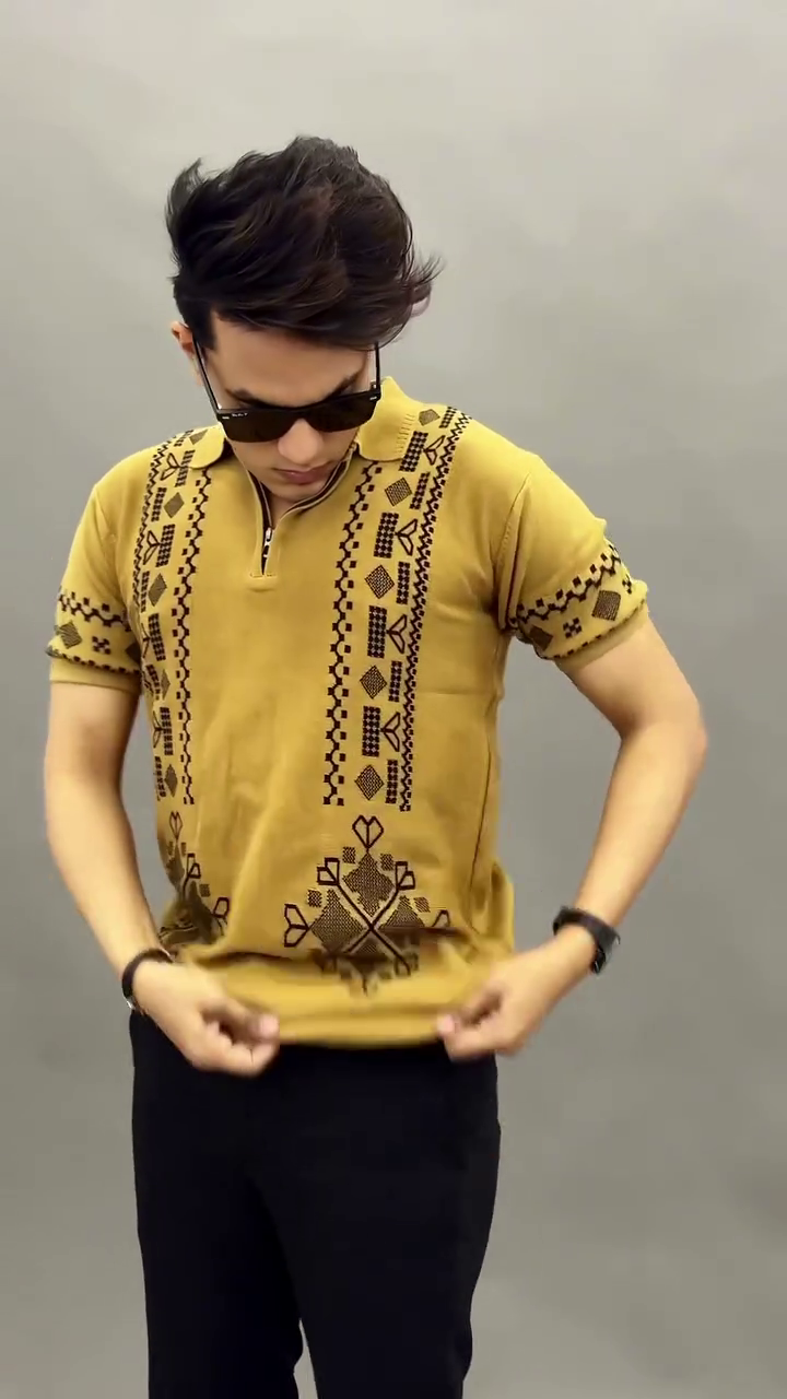 Black Tribal Embroidered Zip Polo Shirt