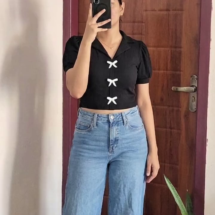 Black Bow Detail Casual Top with Denim