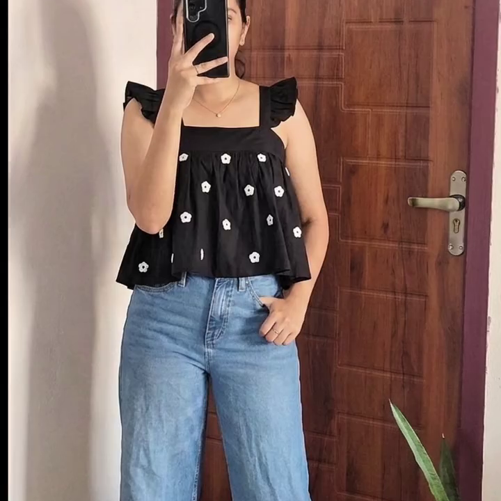 Black Bow Detail Casual Top with Denim