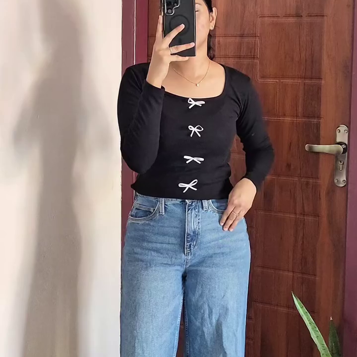 Black Bow Detail Casual Top with Denim