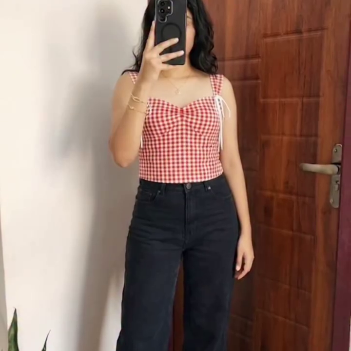Red Gingham Crop Top with Denim
