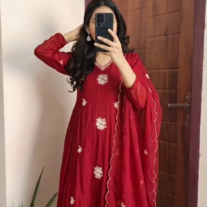 Red Floral Anarkali Suit with Dupatta