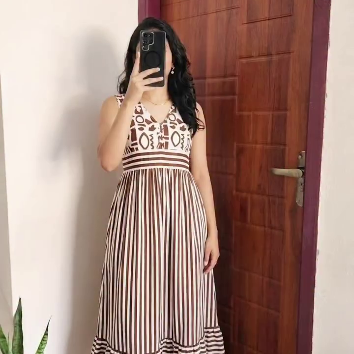 Beige & Brown Striped Midi Dress