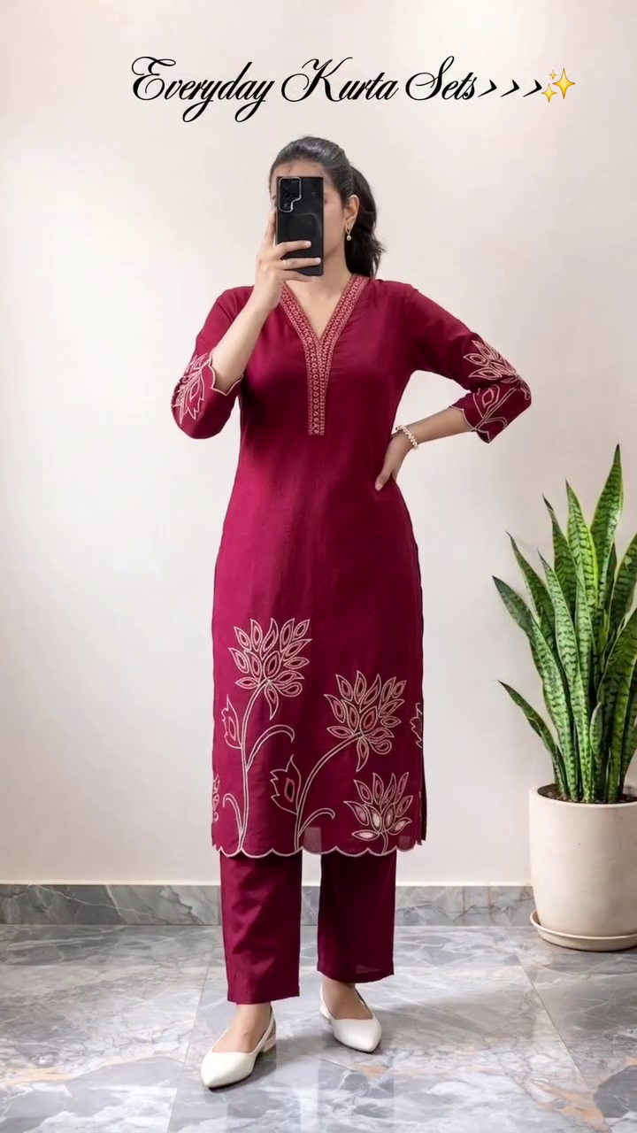 Maroon Embroidered Straight Kurta Set
