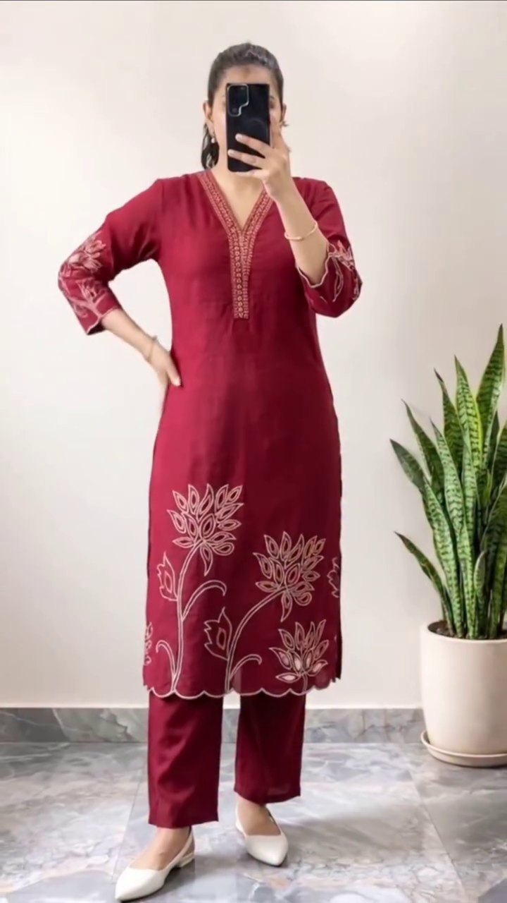 Maroon Embroidered Straight Kurta Set
