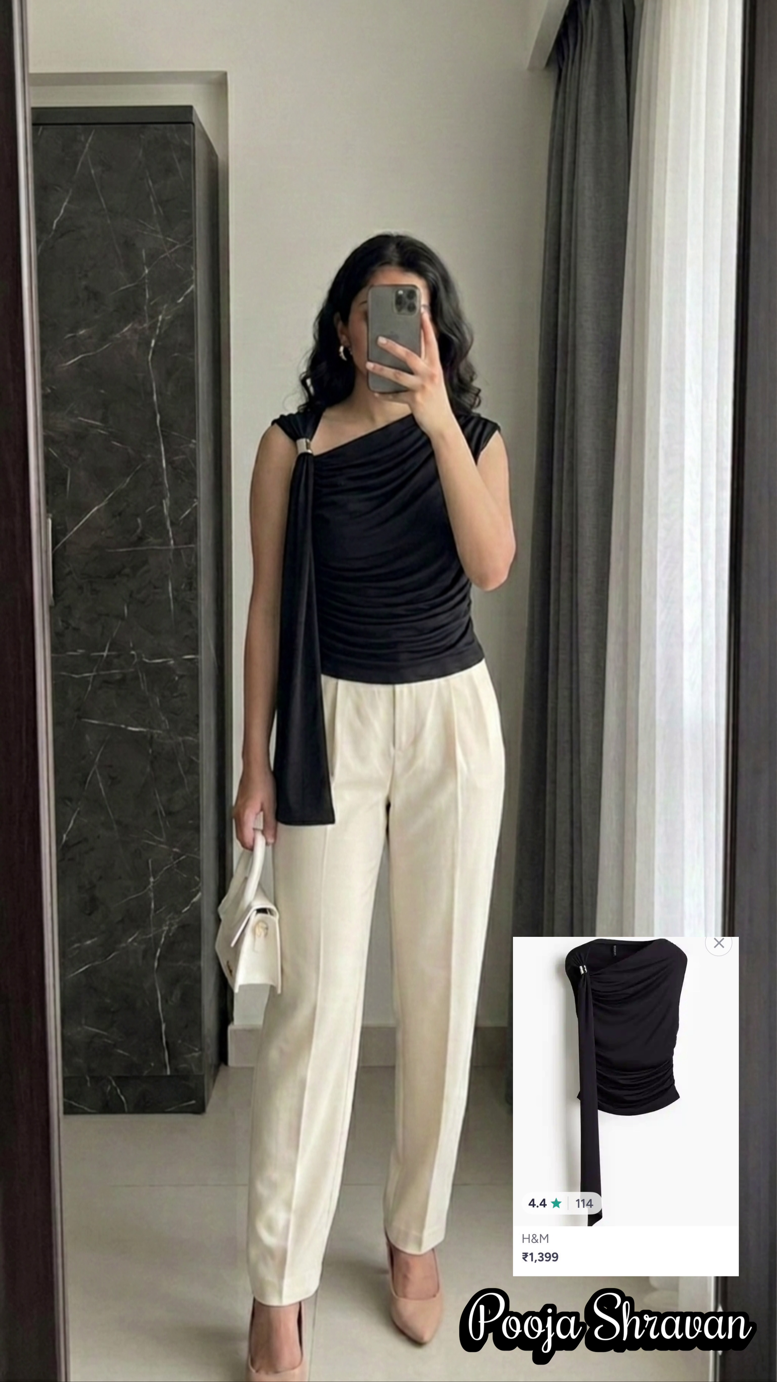 Black Draped One-Shoulder Top with Trousers