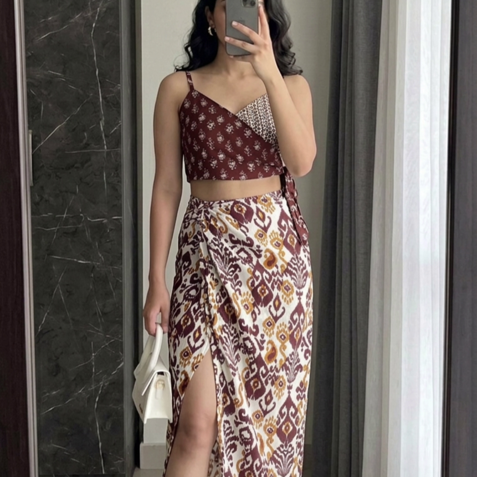 Green & Maroon Printed Crop Top with Skirt