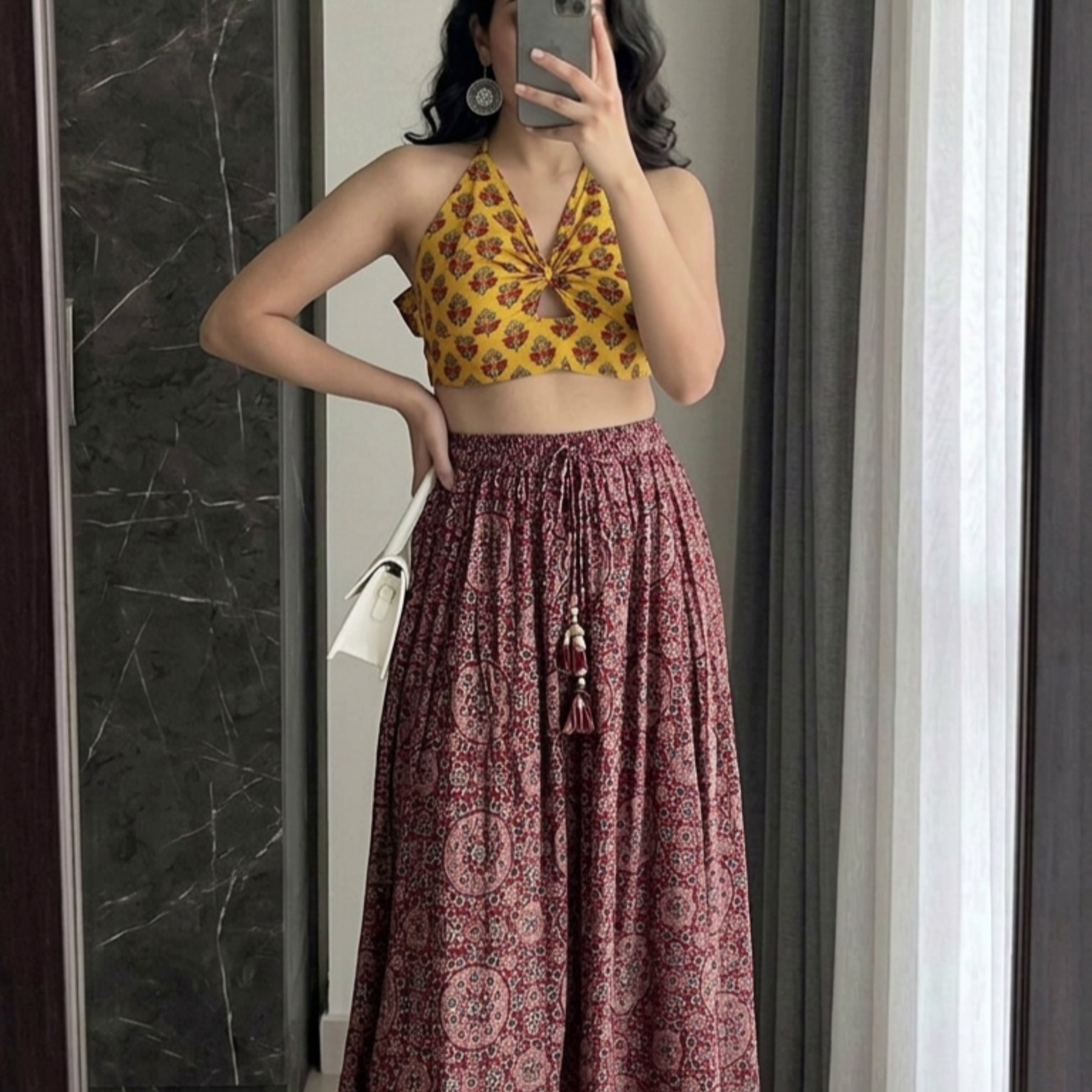 Green & Maroon Printed Crop Top with Skirt