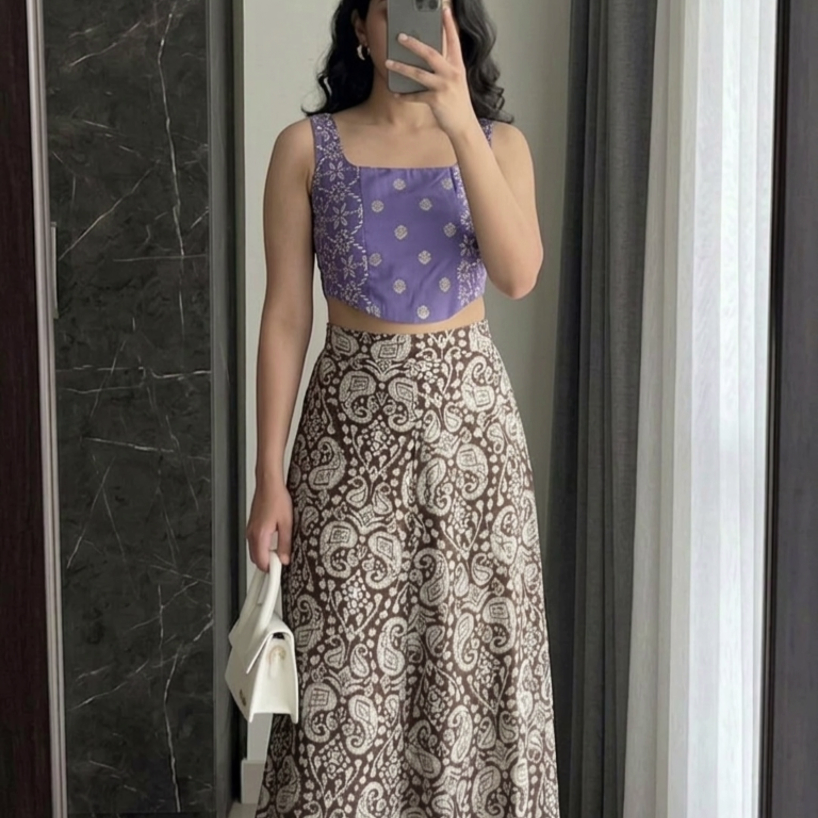 Green & Maroon Printed Crop Top with Skirt