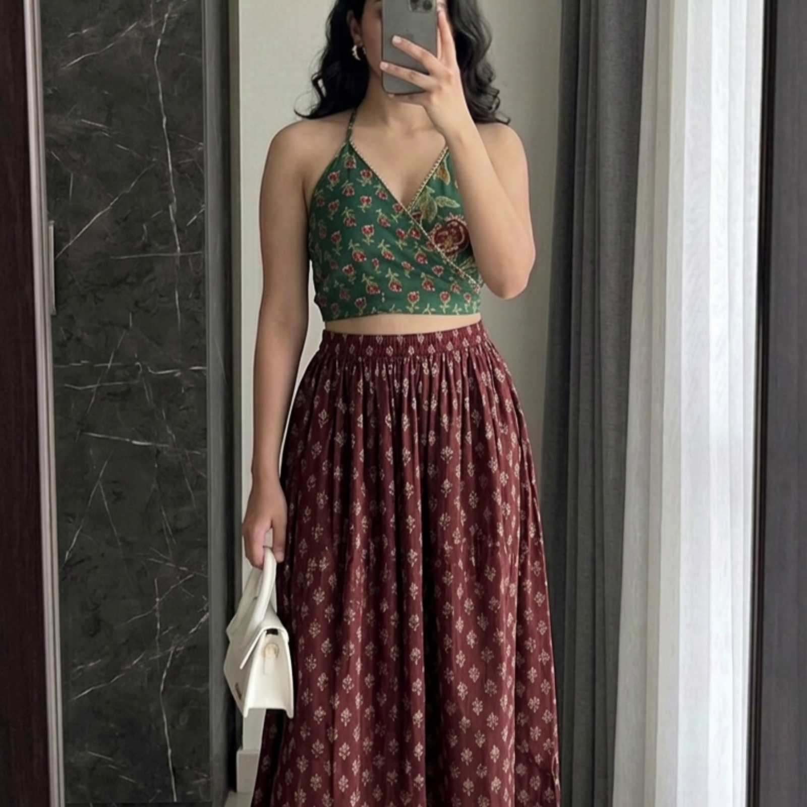 Green & Maroon Printed Crop Top with Skirt