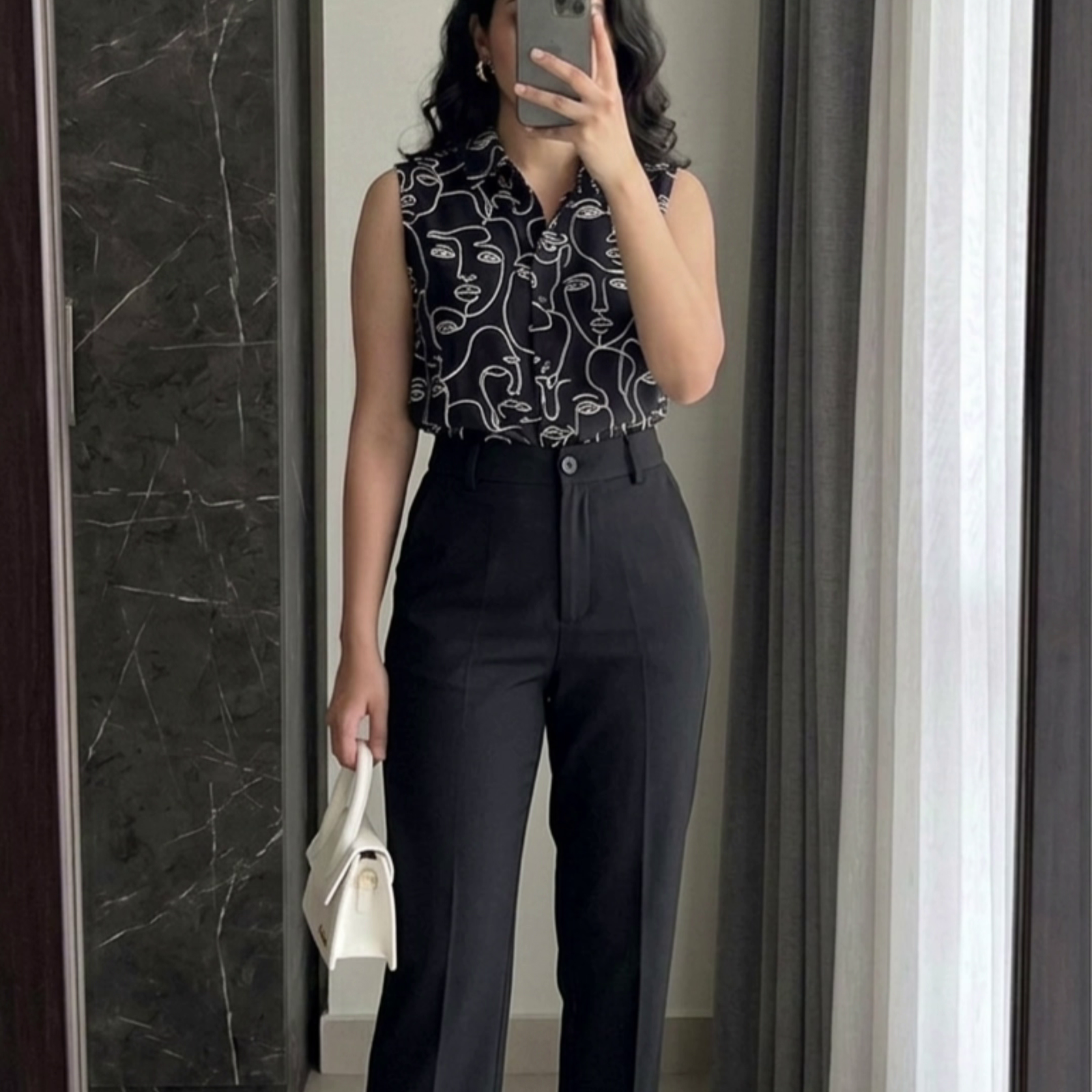 Black Abstract Print Shirt with Grey Trousers