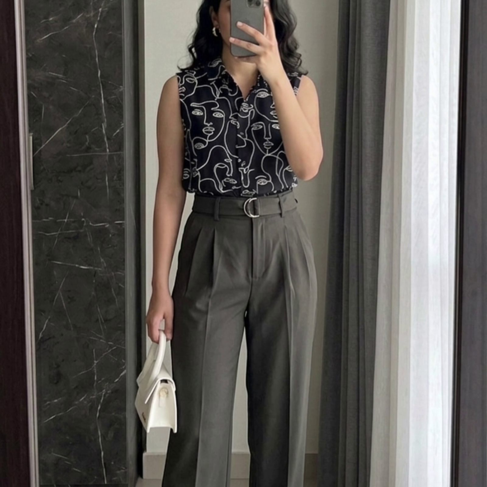 Black Abstract Print Shirt with Grey Trousers