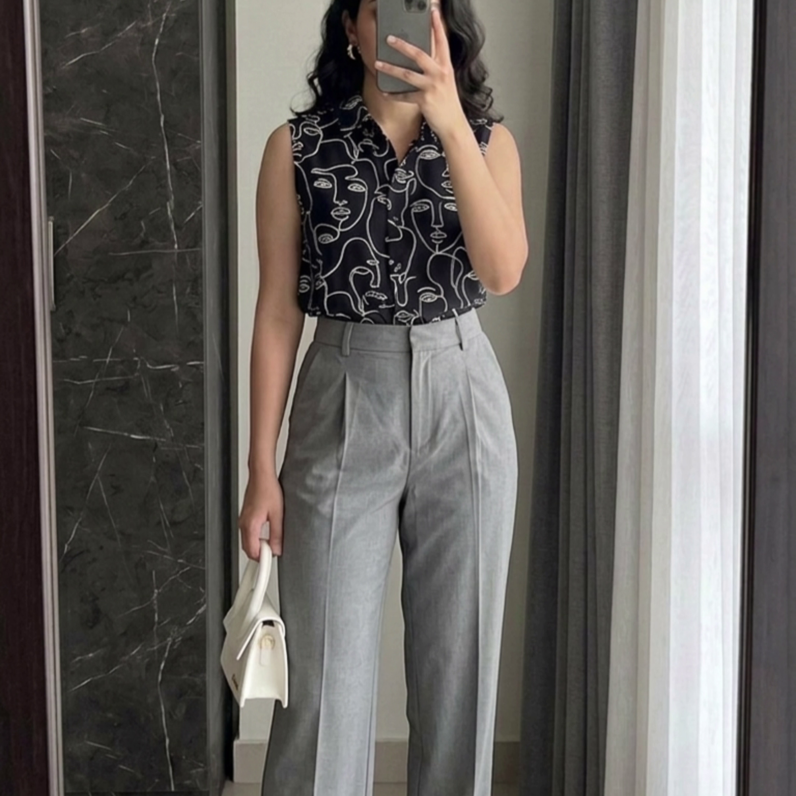 Black Abstract Print Shirt with Grey Trousers