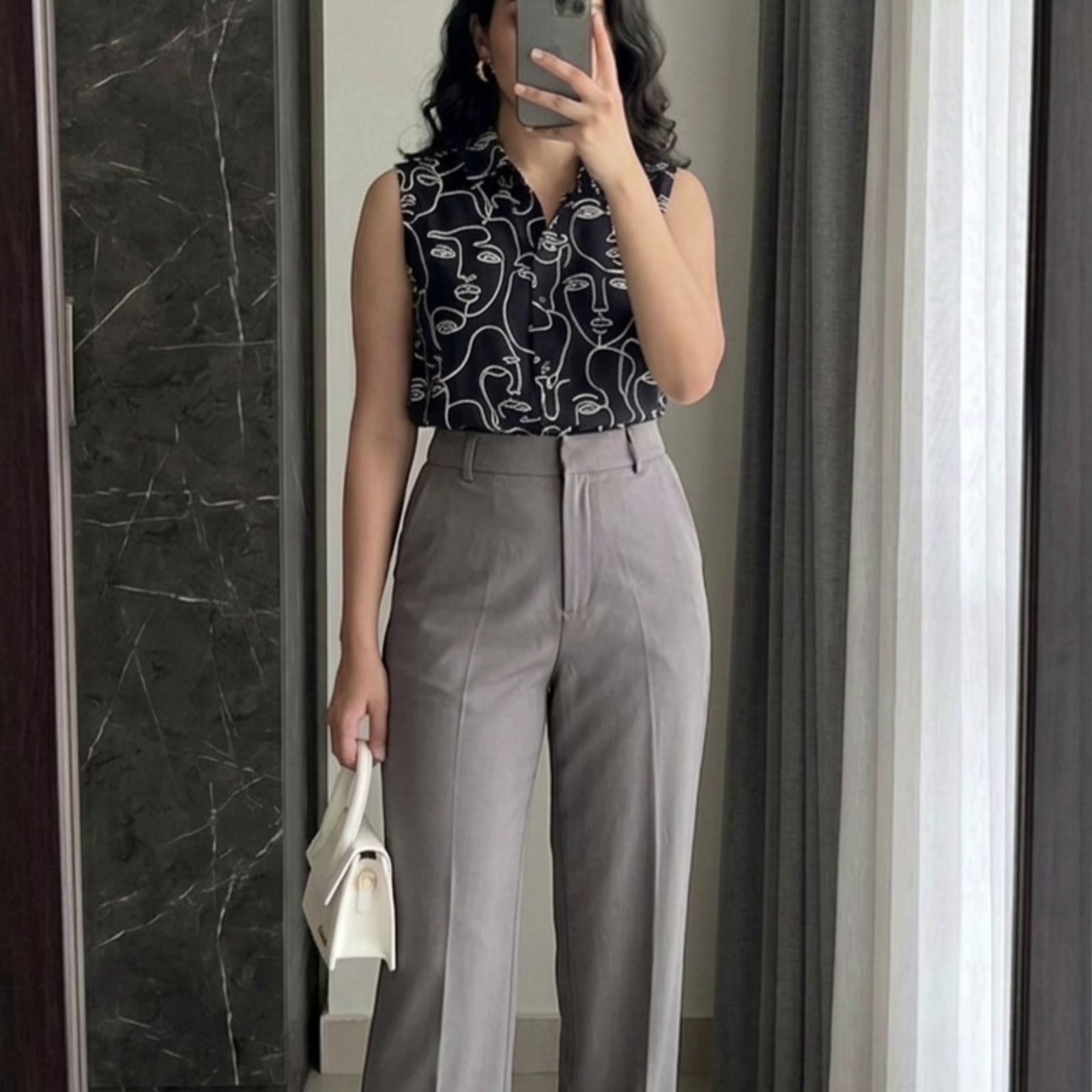 Black Abstract Print Shirt with Grey Trousers