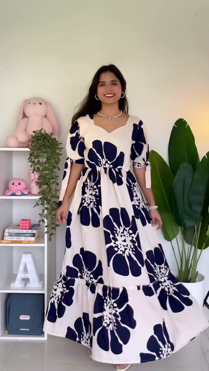 White & Navy Floral Maxi Dress