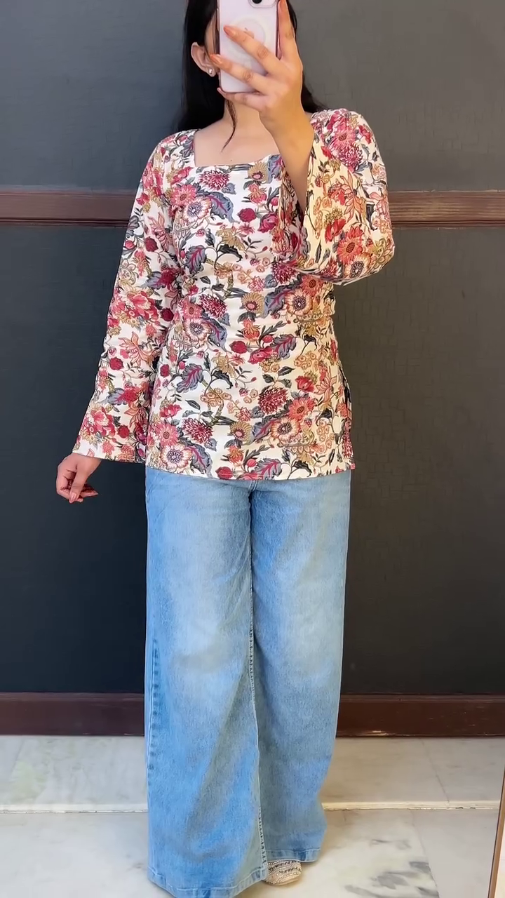 Olive Green Floral Casual Top with Denim