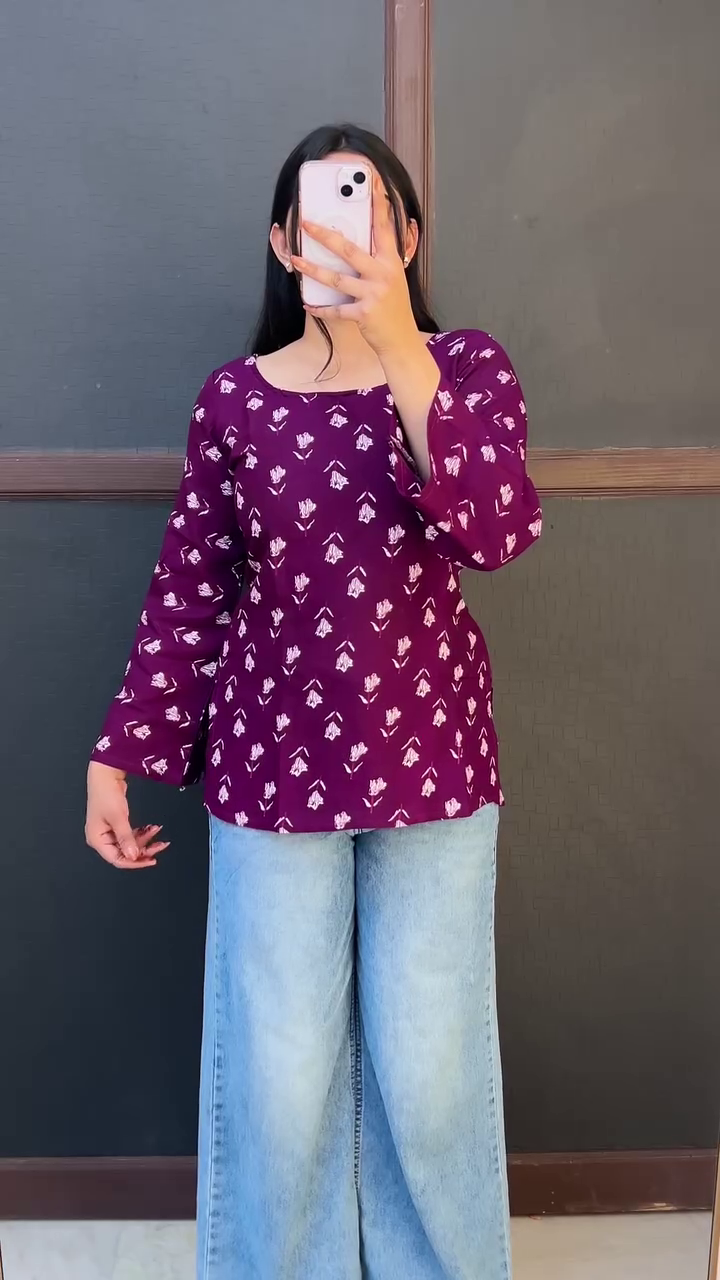 Olive Green Floral Casual Top with Denim