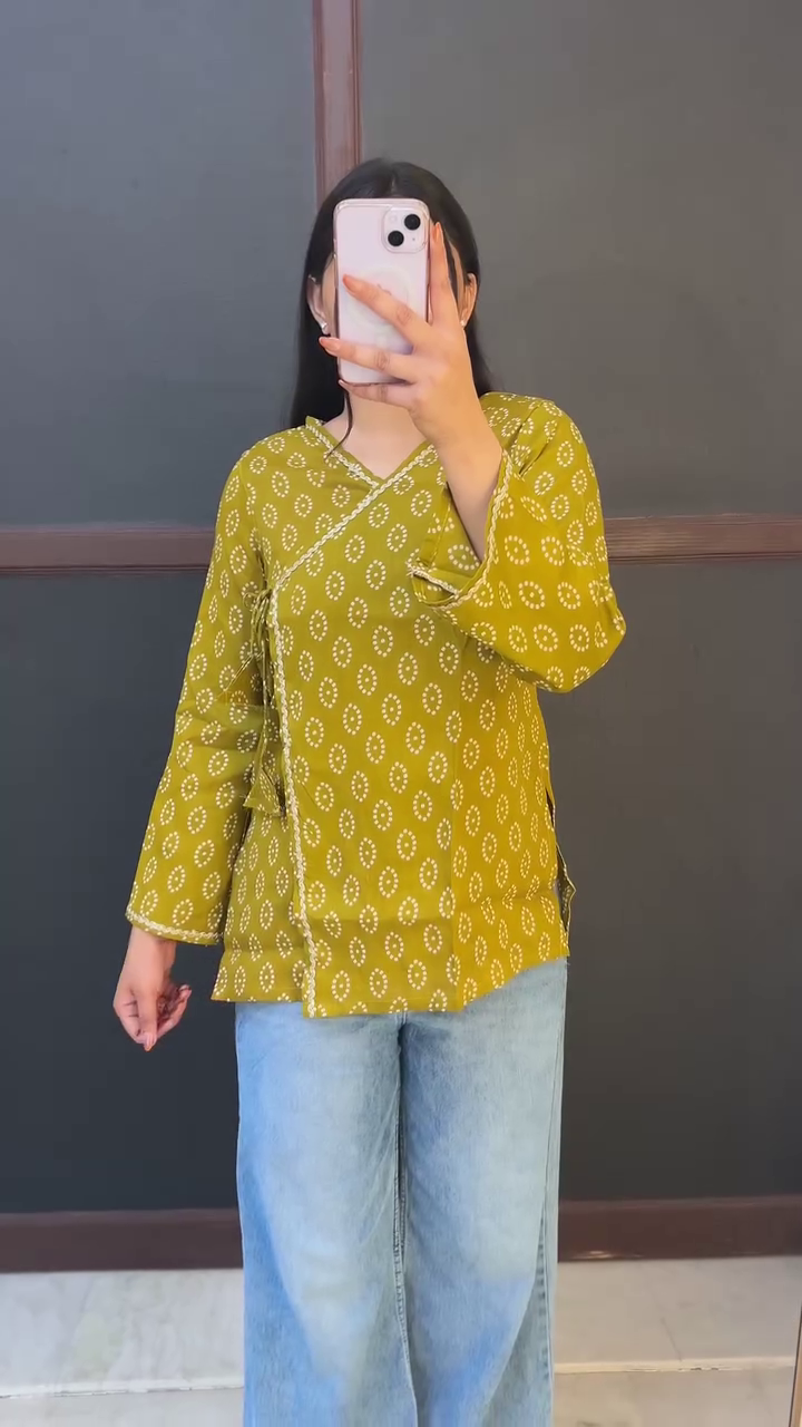 Olive Green Floral Casual Top with Denim