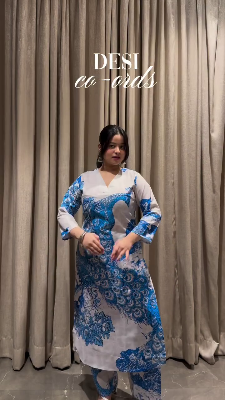 Blue Peacock Print Co-ord Set
