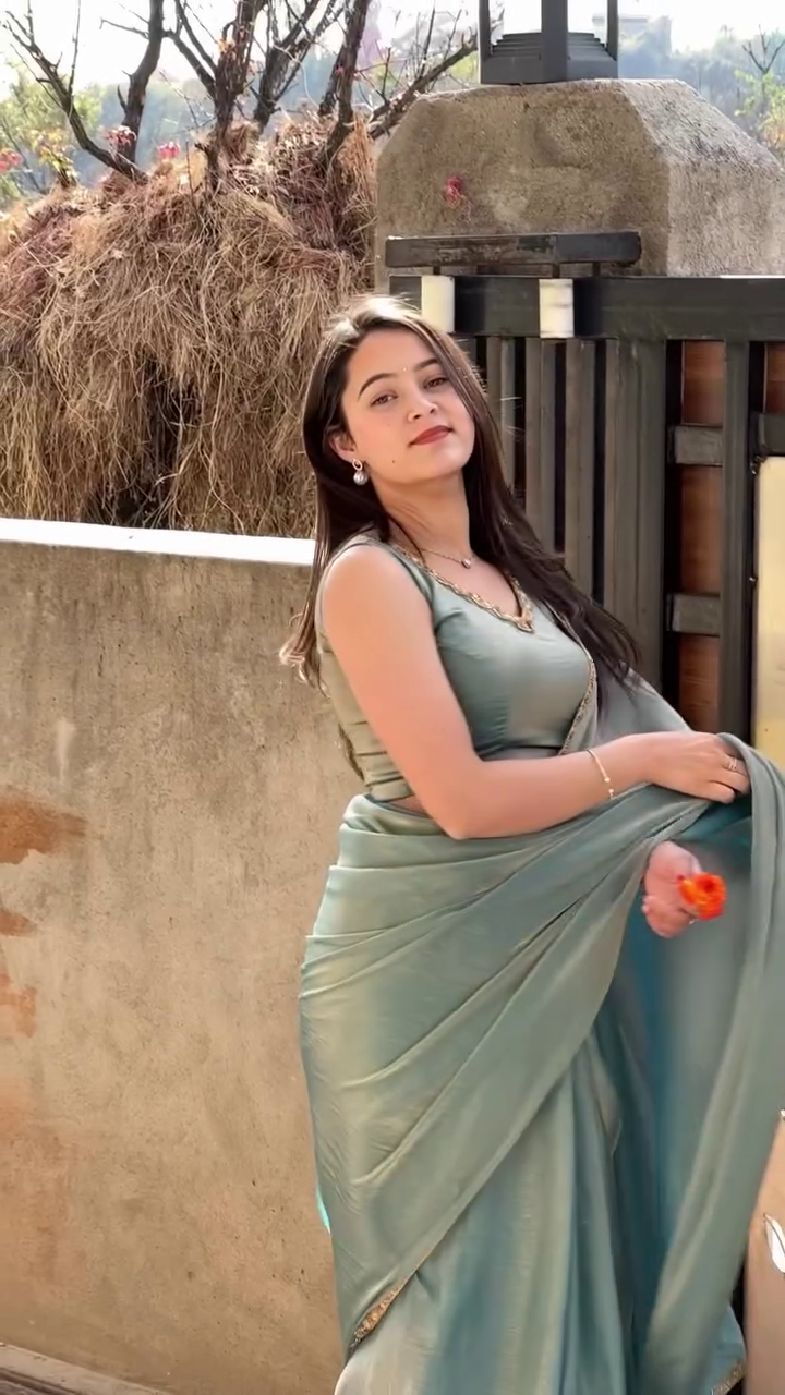 Sage Green Satin Saree Look