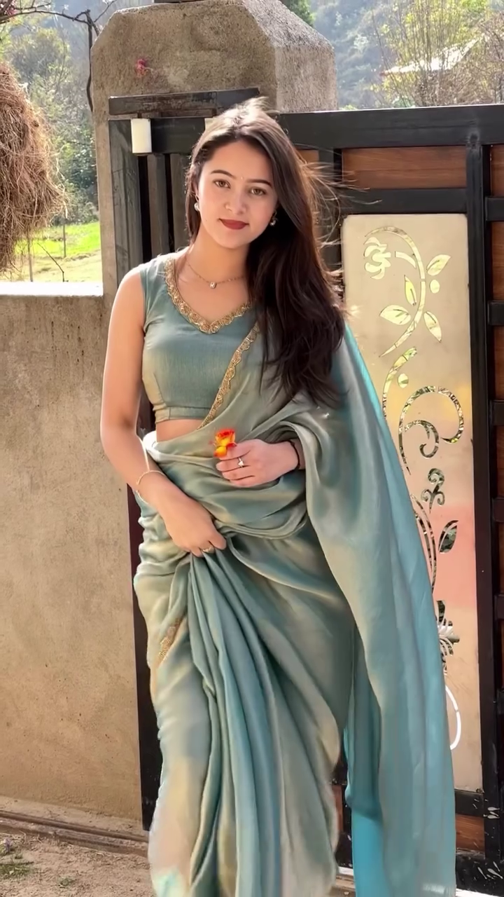 Sage Green Satin Saree Look