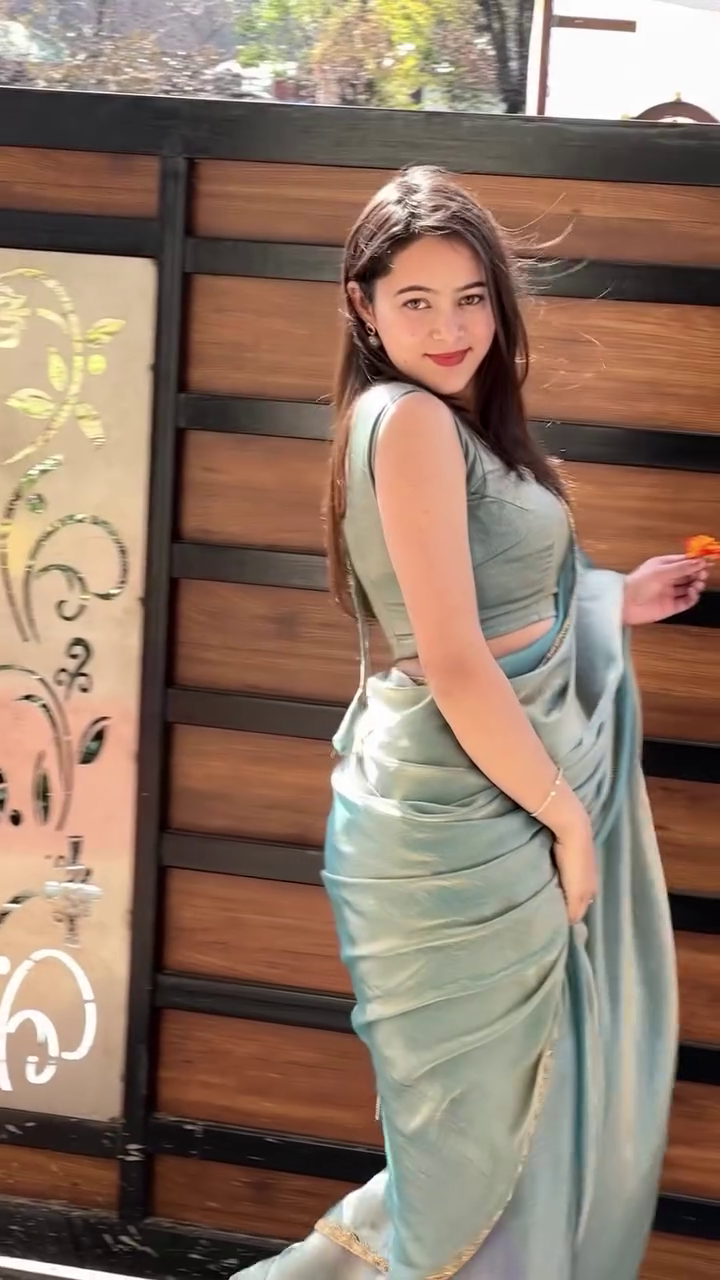 Sage Green Satin Saree Look