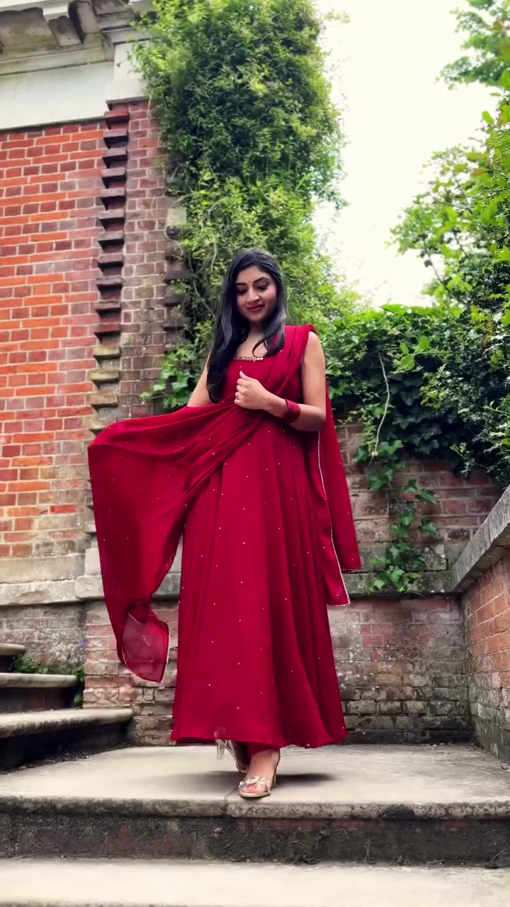 Women’s Red Anarkali Dress Festive Party Wear Outfit