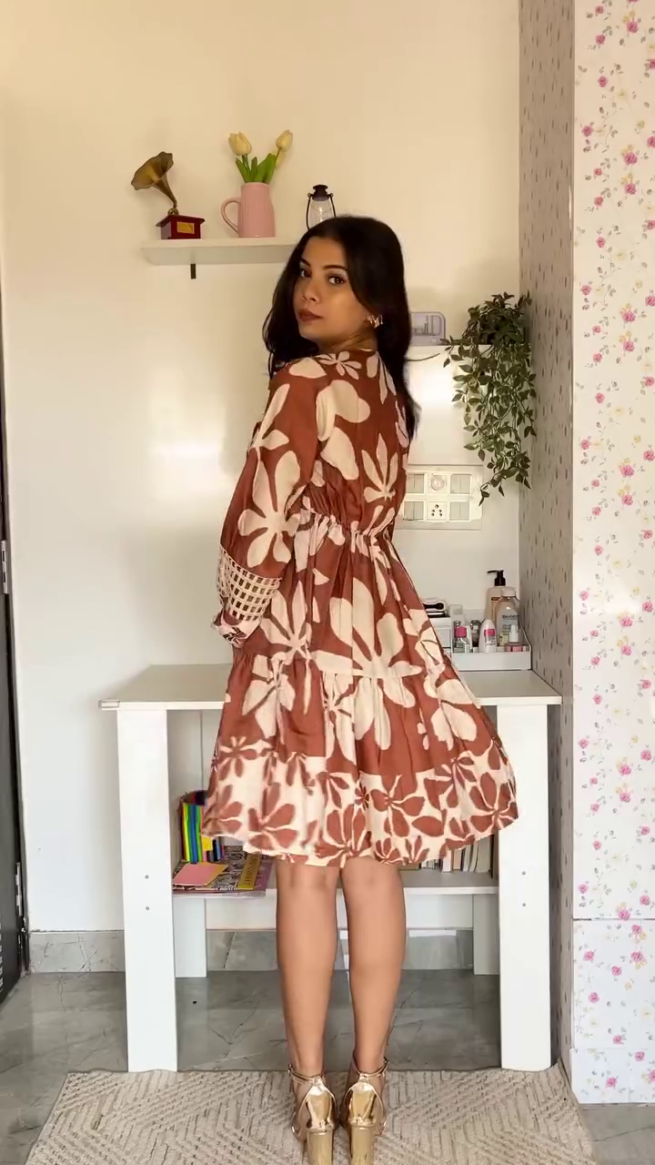 Brown Floral Tiered Mini Dress