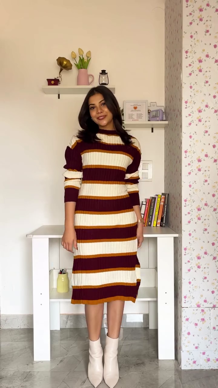 Maroon & Cream Striped Sweater Dress