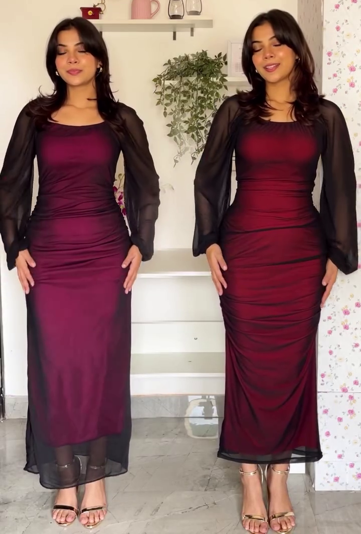 Burgundy Mesh Bodycon Dress