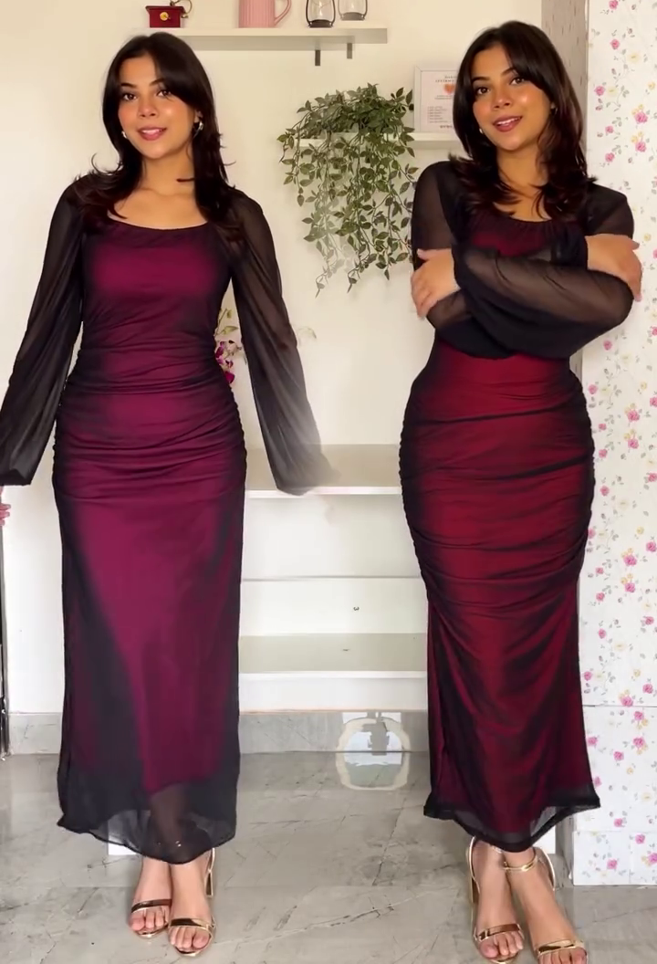 Burgundy Mesh Bodycon Dress