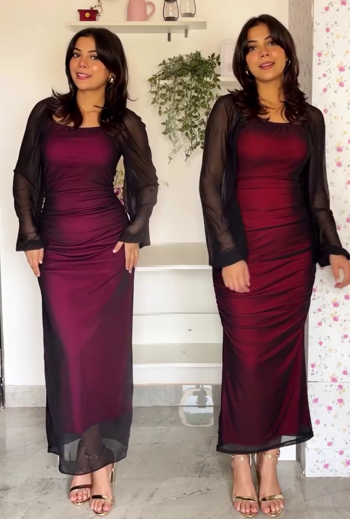 Burgundy Mesh Bodycon Dress