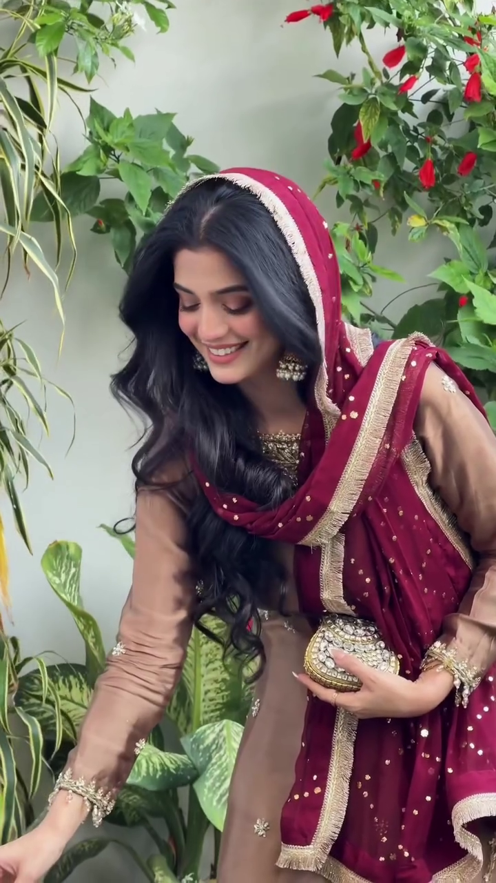 Women's Embroidered Beige Suit Set with Maroon Dupatta