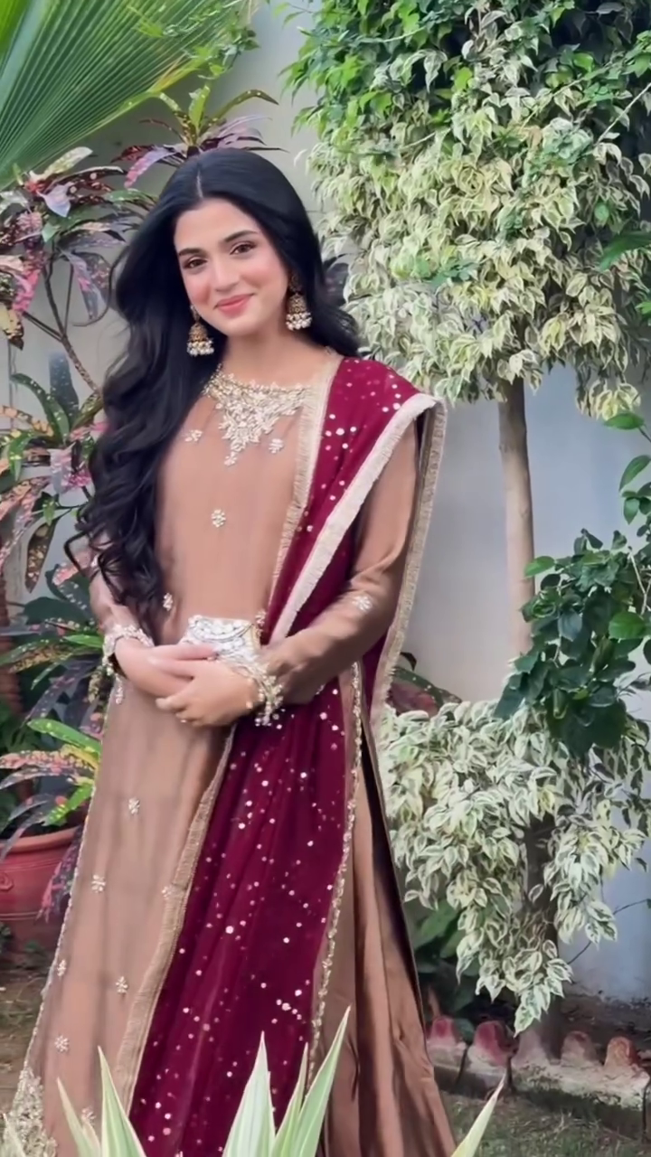 Women's Embroidered Beige Suit Set with Maroon Dupatta