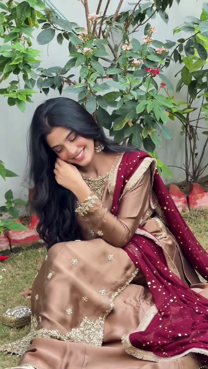 Women's Embroidered Beige Suit Set with Maroon Dupatta