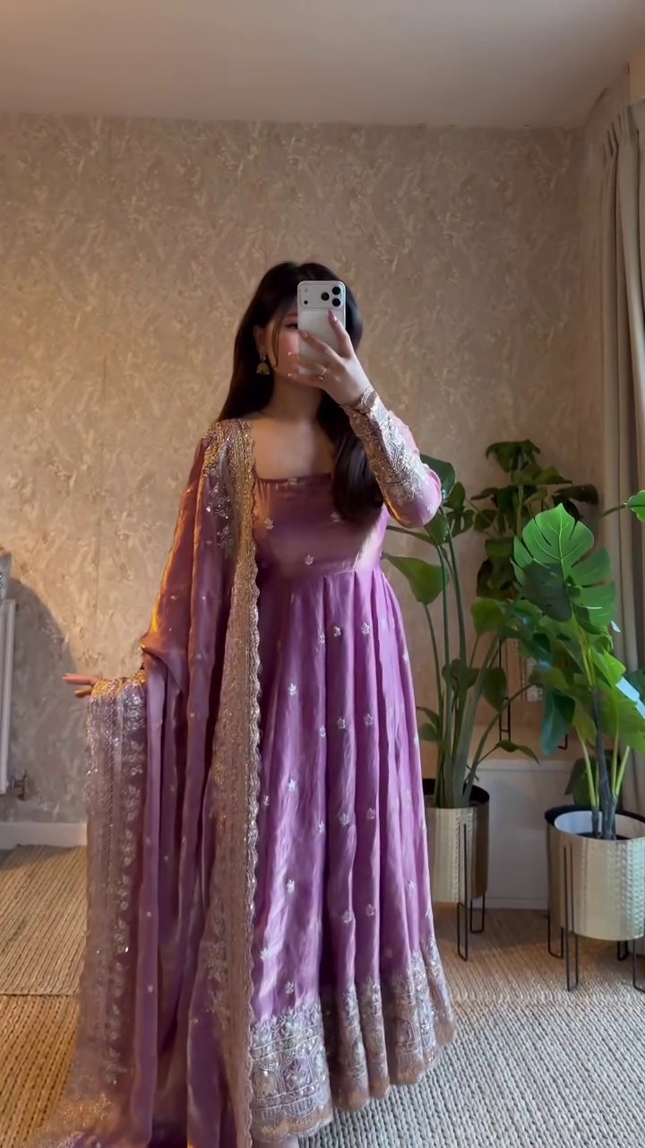 Women's Mauve Anarkali Gown with Embroidered Dupatta