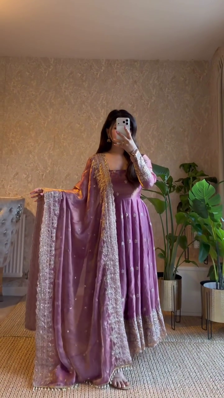 Women's Mauve Anarkali Gown with Embroidered Dupatta