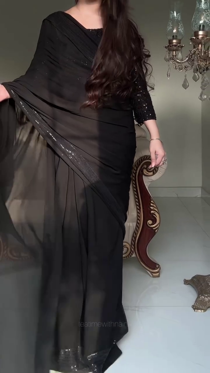 Women's Black Saree with Sequin Embellished Blouse