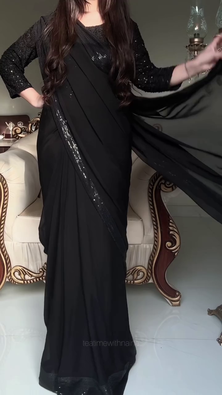 Women's Black Saree with Sequin Embellished Blouse