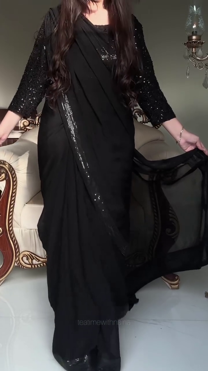 Women's Black Saree with Sequin Embellished Blouse