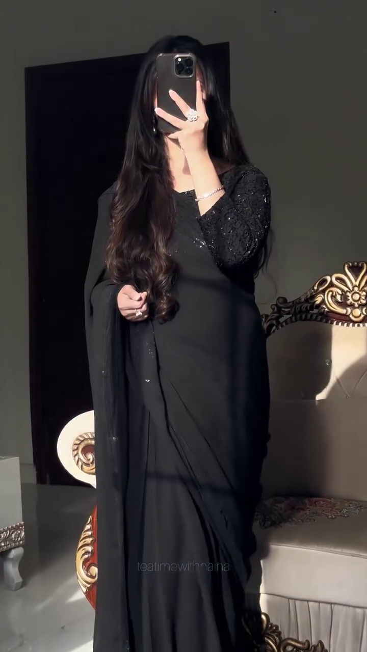 Women's Black Saree with Sequin Embellished Blouse