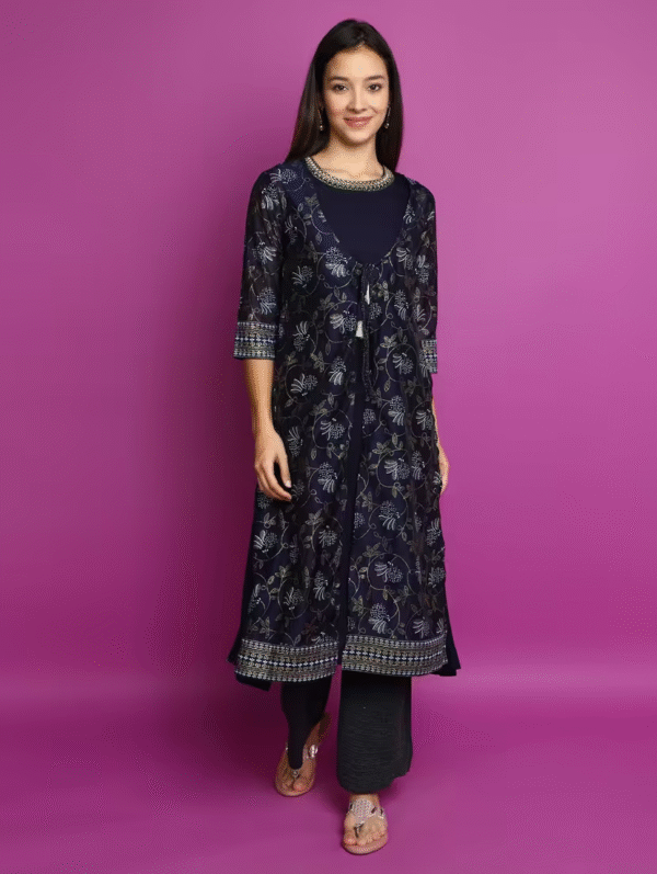 Navy Blue Three-Quarter Sleeve Layered Kurta – A Blend of Elegance and Comfort