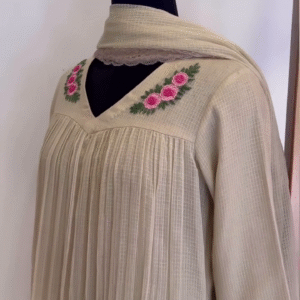 Floral Yoke Pleated Kurta Set – Soft Beige with Hand Embroidery