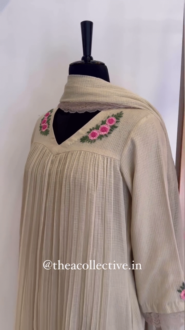 Floral Yoke Pleated Kurta Set – Soft Beige with Hand Embroidery
