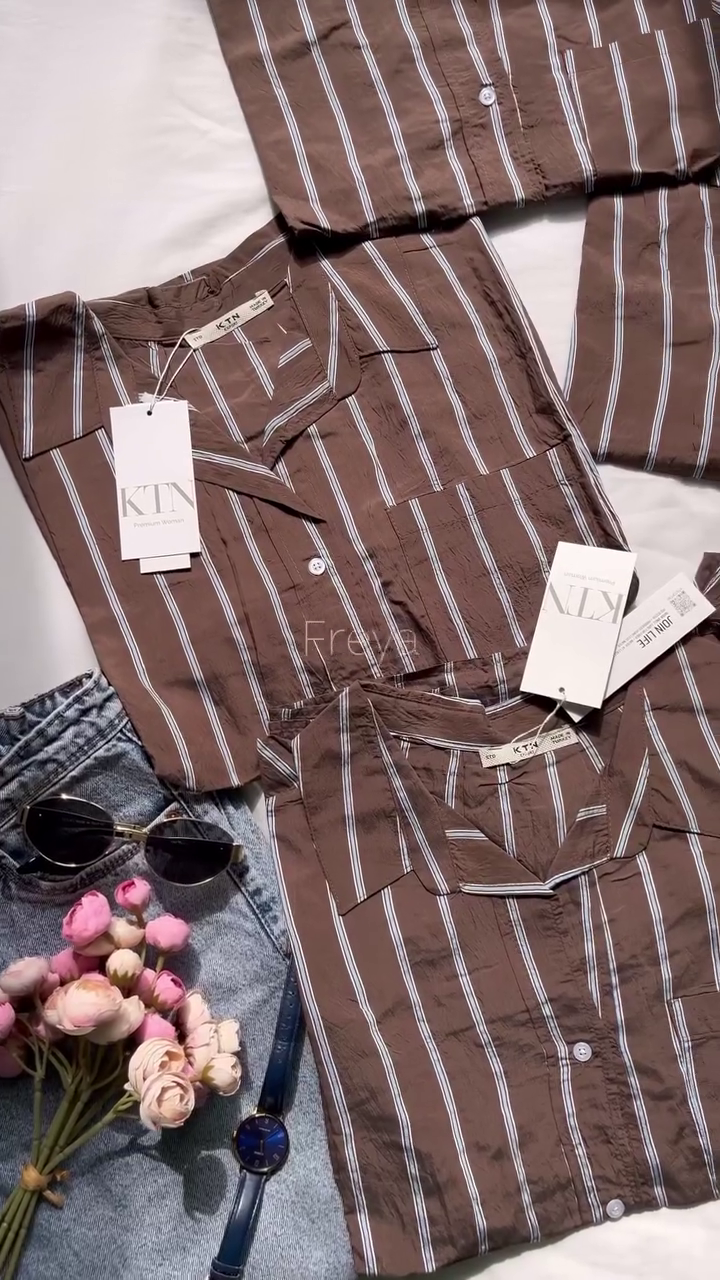 Brown Striped Button-Down Shirt with Subtle Sheen π°π - Image 2