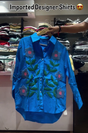 β¨ Trendy Imported Designer Blue Shirt with Vibrant 3D Floral Embroidery and Relaxed Fit for Contemporary Style β¨