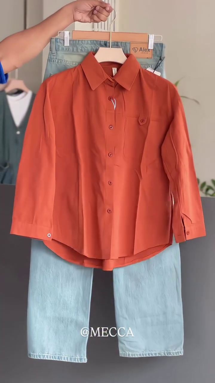 👔 Rust Elegance Cotton Shirt with Sky Blue Casual Jeans Set 🌤️